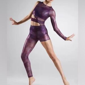 WEISSMAN Elite Dance Costume purple Asymmetrical Foil Mesh Unitard NV11767 MC
